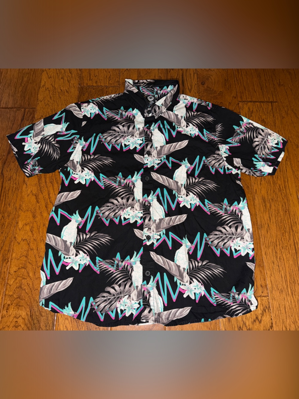 Men’s NEFF Black Tropical Print button up short sleeve - Teal & Pink Accents
